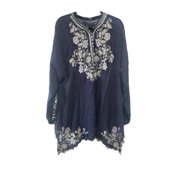Johnny Was Tunic Top Mayan Embroidered Blue Roll Tab Sleeve Caftan XXL Sheer - Picture 1 of 10